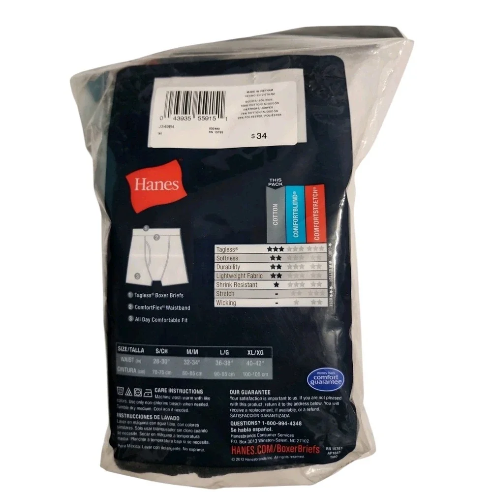 New In Package Hanes 4 pack Tagless Boxer Briefs Size M 32-34 Gray And Black - Picture 2 of 3